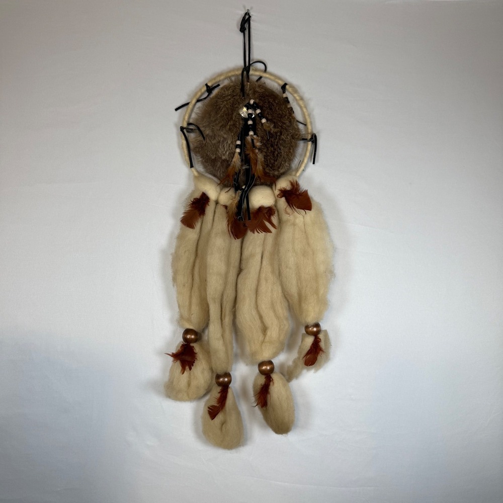 Native American Mandala Dreamcatcher Real Fur Feathers Wool Wood Beads Wall Art